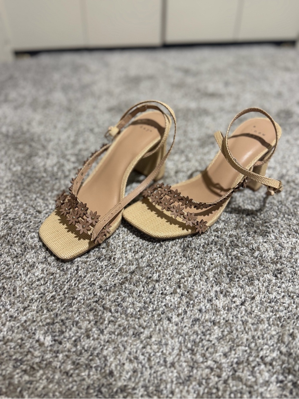 a new day Tan Floral Strap Block Heels